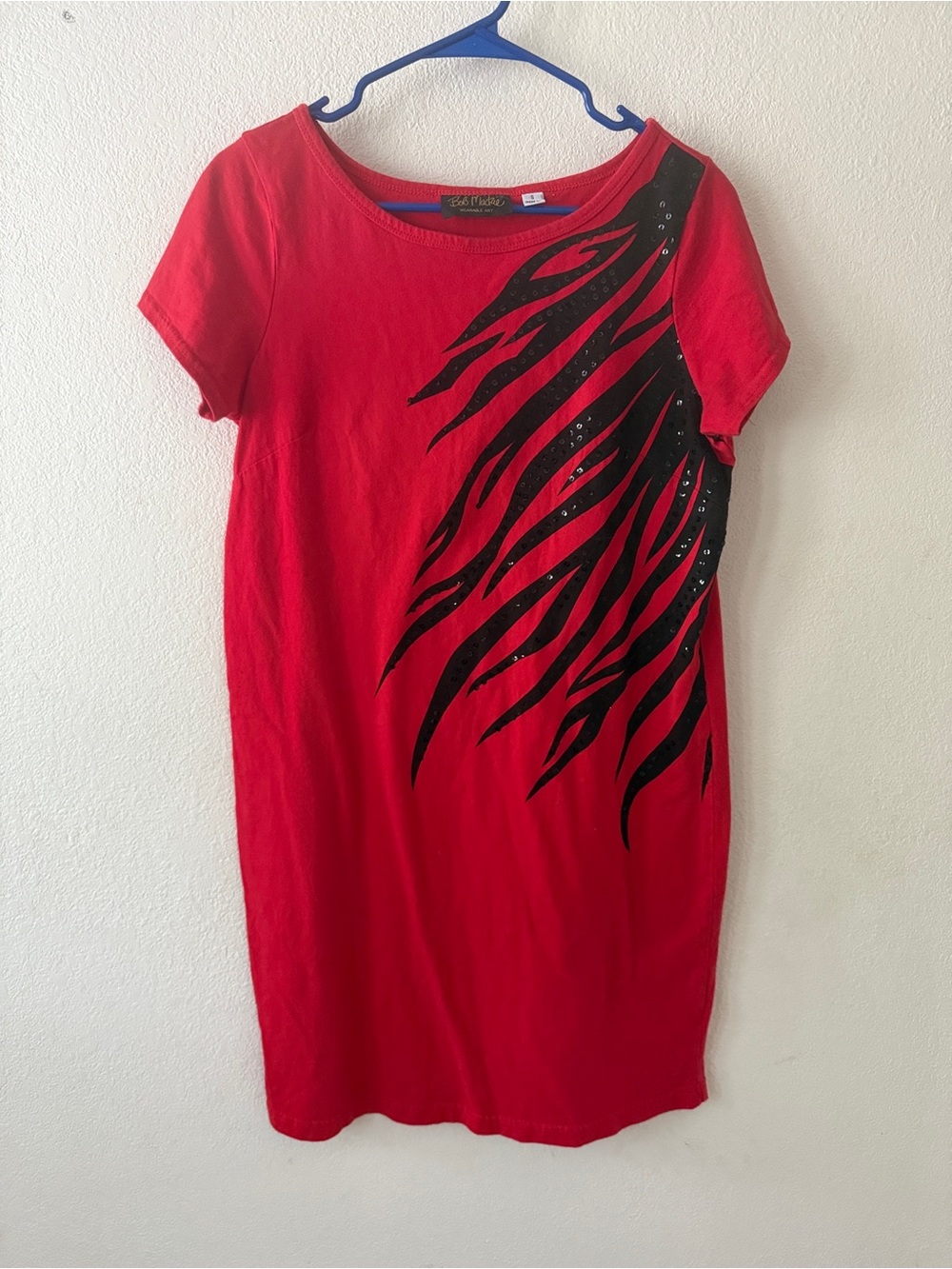 Bob Mackie Red shirt dress with Black Rhinestone Flame Design size Small